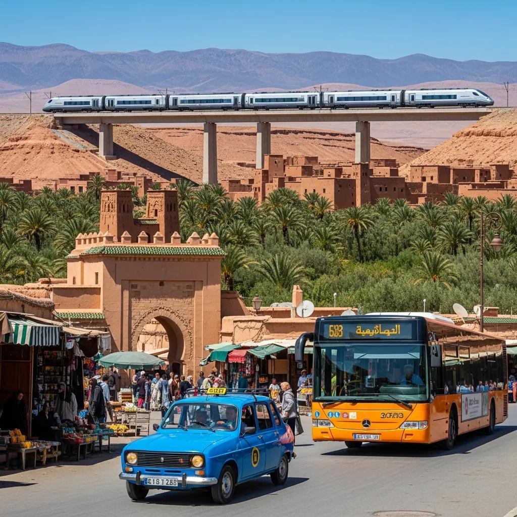 Diverse transportation options in Morocco, featuring a train, bus, and taxi against scenic landscapes