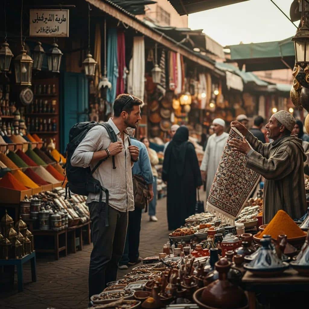 Traveler in Moroccan market practicing caution while interacting with a vendor, highlighting safety awareness